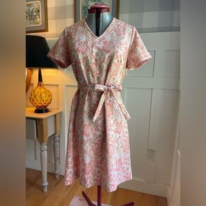 Floral Pink & Cream V-Neck Midi Dress with Tie Waist